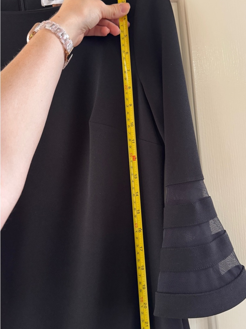 Calvin Klein Black Midi Dress with Sheer Stripe Panels and Bell Sleeves - Picture 10 of 11